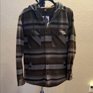 Quiksilver Brown and Gray Striped Hooded Jacket. Size Small